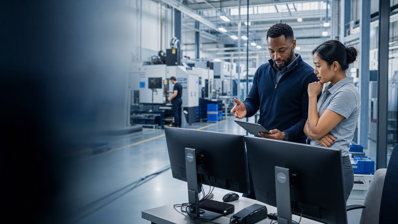 IT and operations professionals working together in a modern engineering environment
